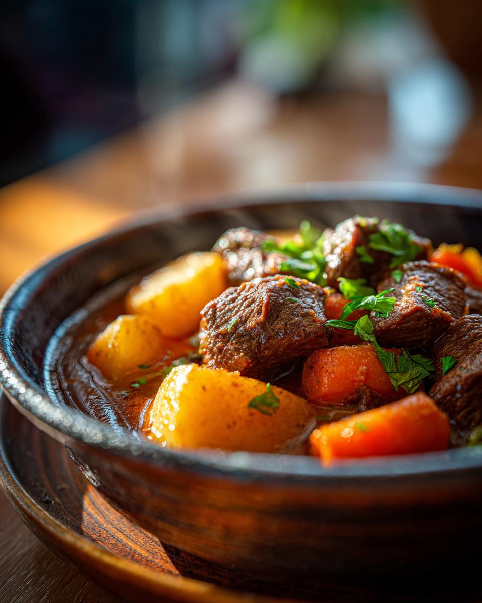 Close-up van een dampende kom Beef Stew met aardappelen en wortelen, gegarneerd met peterselie.
