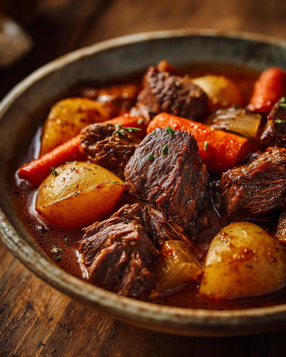 Close-up van een kom met heerlijke Beef Stew, vol met malse stukken rundvlees, aardappelen en wortelen.