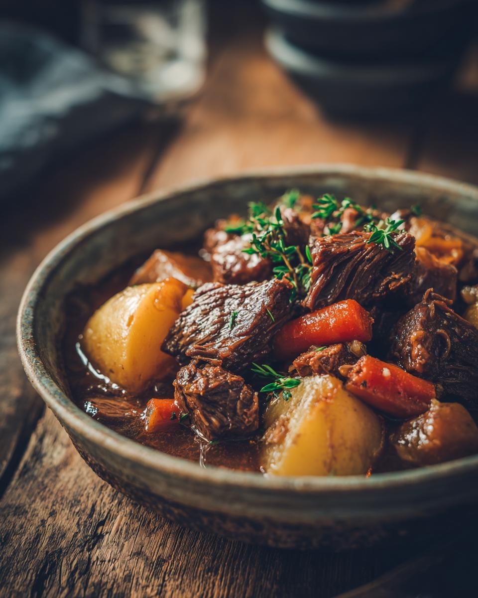 Close-up van een kom Beef Stew met aardappelen en wortelen, gegarneerd met tijm.