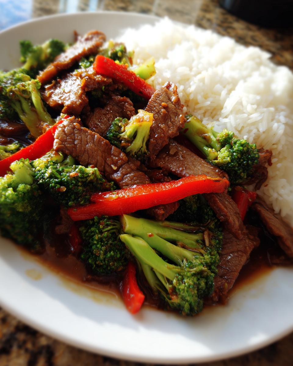 Close-up of a plate of beef stir fry with broccoli florets and red bell pepper strips, served with white rice.