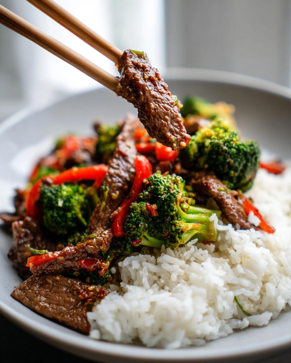 A close-up of chopsticks lifting a piece of tender beef stir fry with broccoli and red peppers over a bed of white rice.