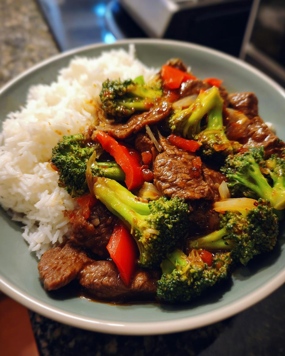 A close-up of a bowl filled with beef stir fry, featuring tender beef strips, vibrant broccoli florets, and red bell peppers, served alongside fluffy white rice.