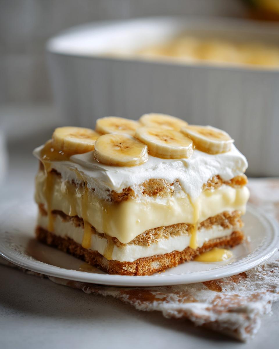 A slice of creamy, dreamy banana pudding with layers of vanilla wafers, pudding, and whipped cream, topped with banana slices.