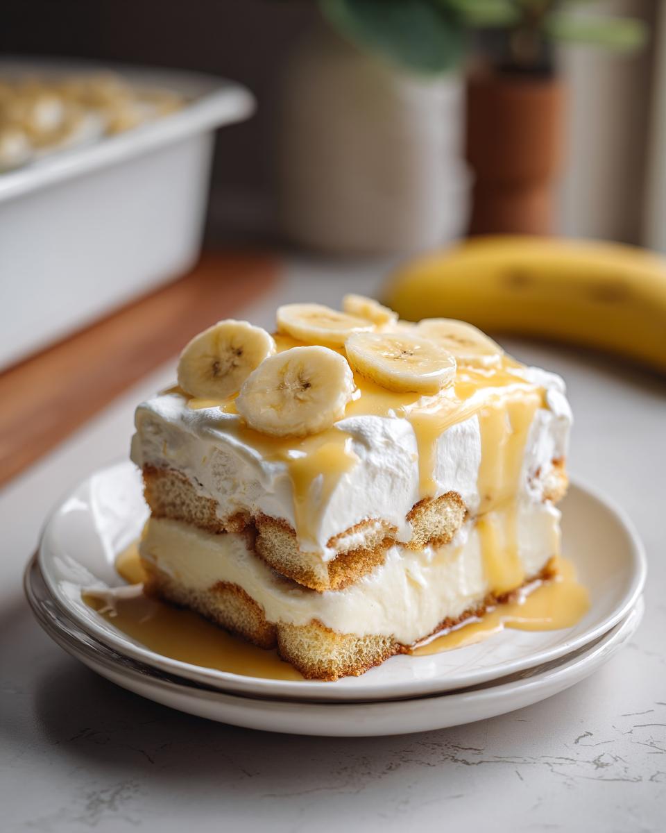 A slice of creamy dreamy banana pudding with layers of vanilla wafers, pudding, and whipped cream, topped with banana slices and sauce.