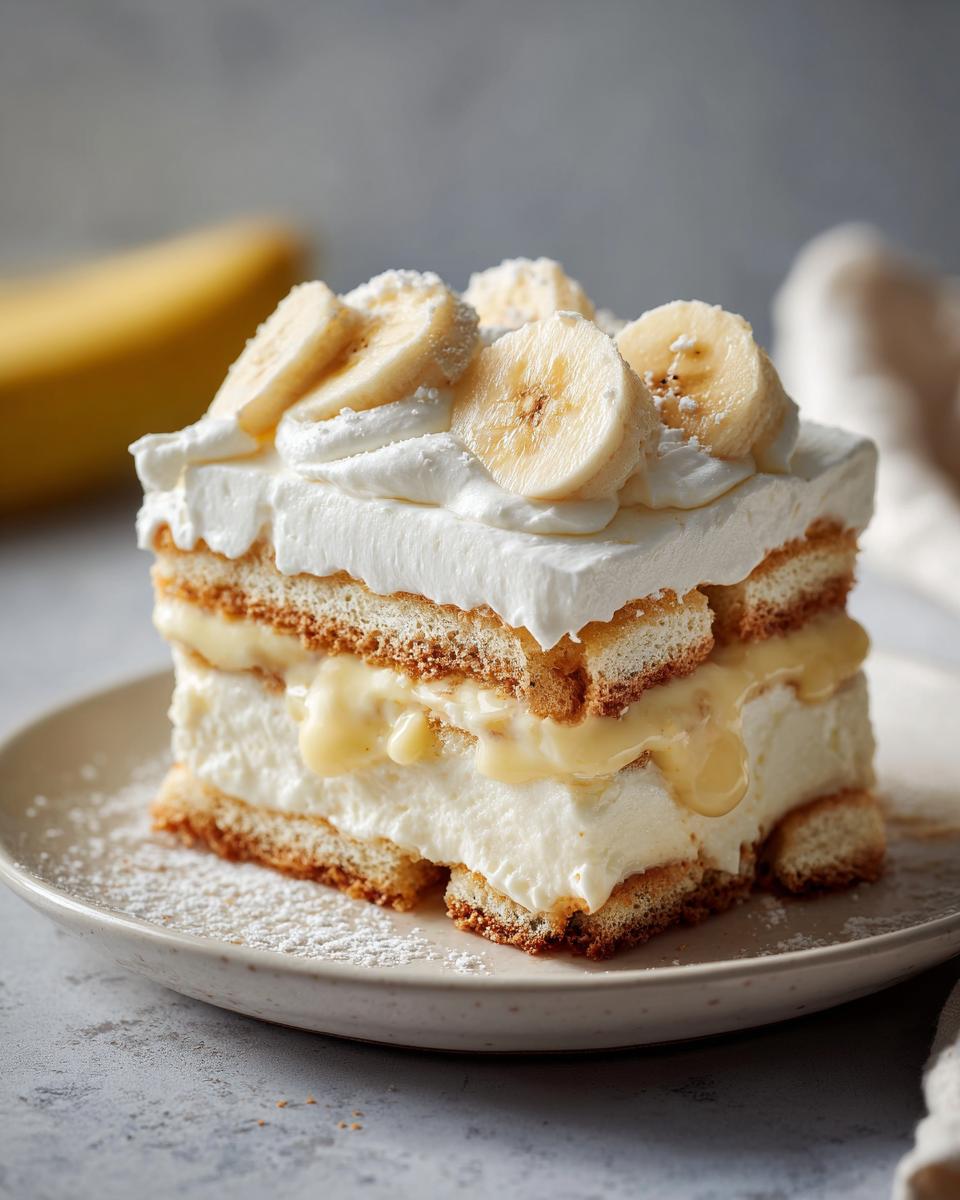 A slice of creamy and dreamy banana pudding, layered with wafers and topped with whipped cream and banana slices.