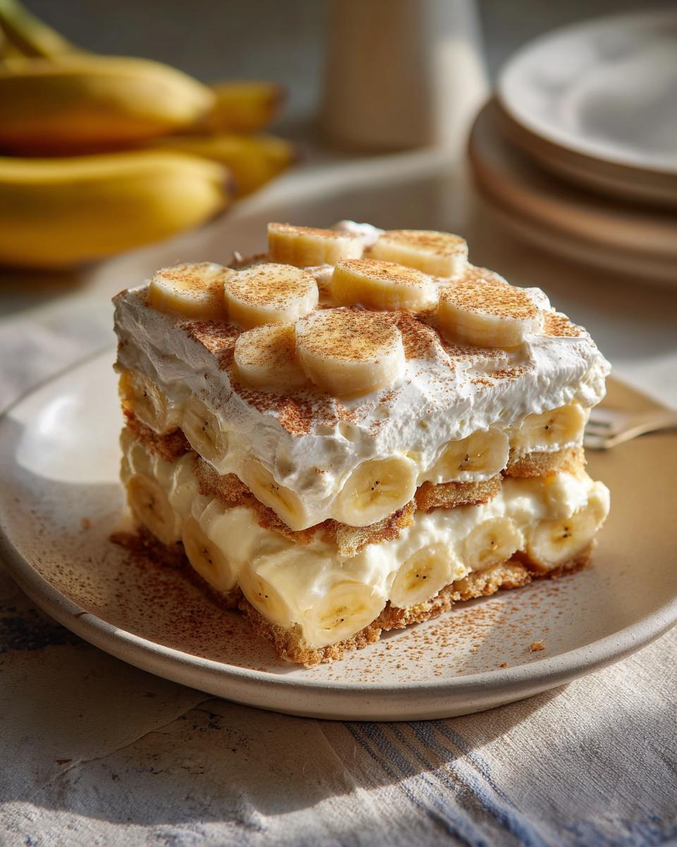 A slice of creamy, dreamy banana pudding with layers of vanilla wafers, pudding, fresh bananas, and whipped cream, dusted with cinnamon.