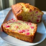 A slice of Best Ever Rhubarb Quick Bread with visible pink rhubarb pieces, ready for brunch.