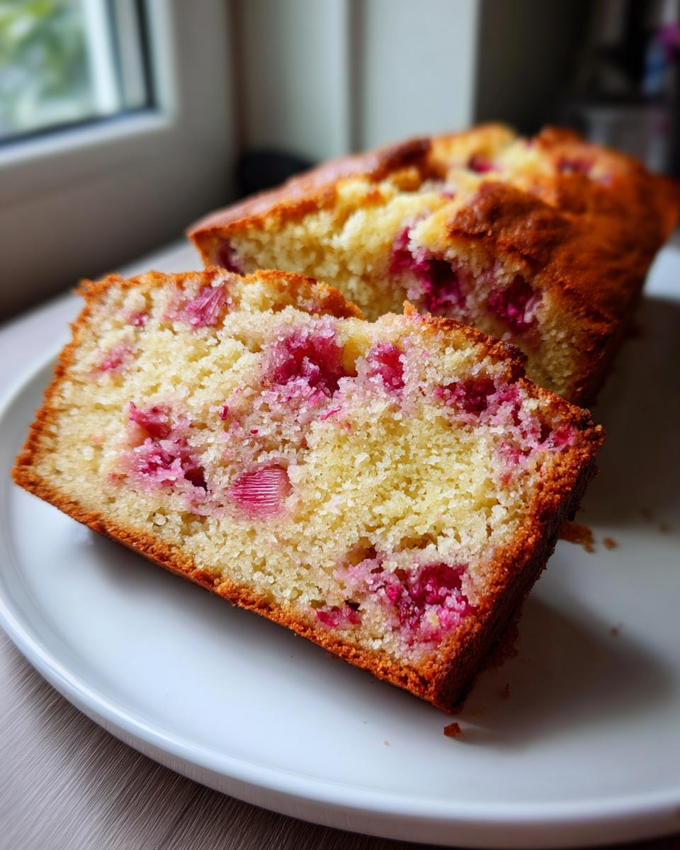 A close-up of a slice of Best Ever Rhubarb Quick Bread on a white plate, showcasing vibrant pink rhubarb pieces within the golden bread.
