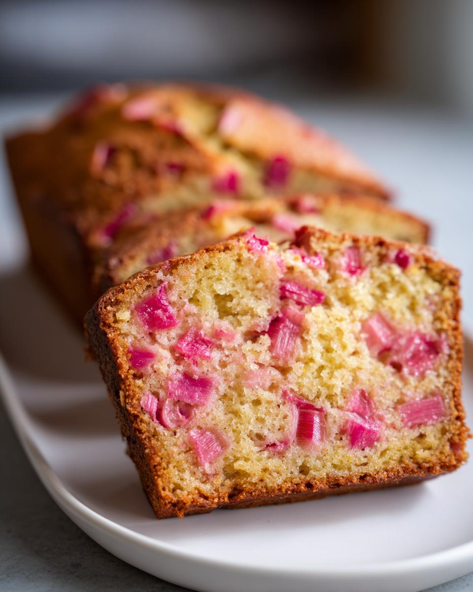 A close-up of a slice of Best Ever Rhubarb Quick Bread, showcasing chunks of pink rhubarb baked into the golden loaf.