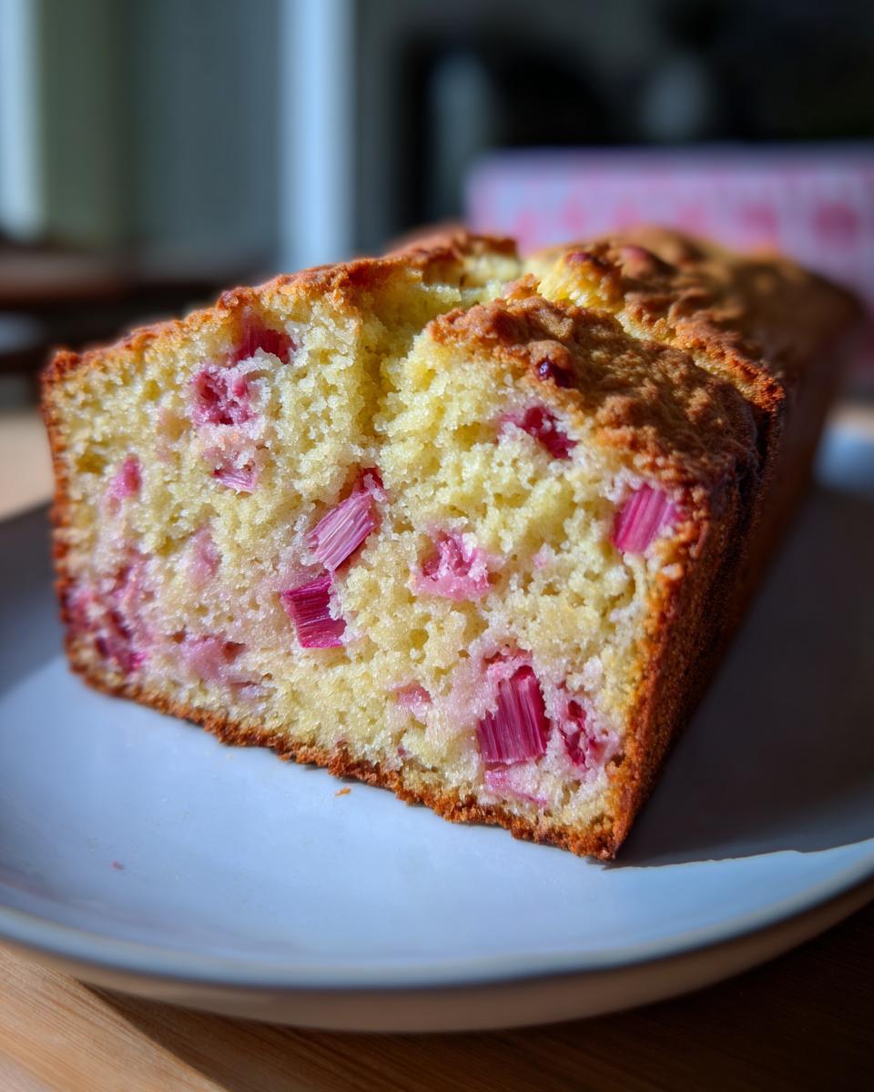 A slice of Best Ever Rhubarb Quick Bread with visible pink rhubarb pieces on a plate.