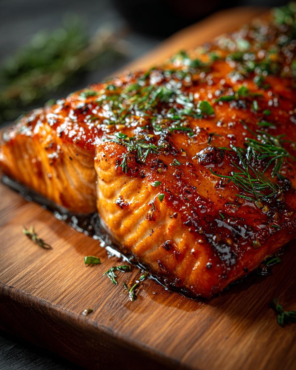 Close-up of a glistening fillet of Best Recipe Garlic Butter Salmon, garnished with fresh herbs on a wooden board.