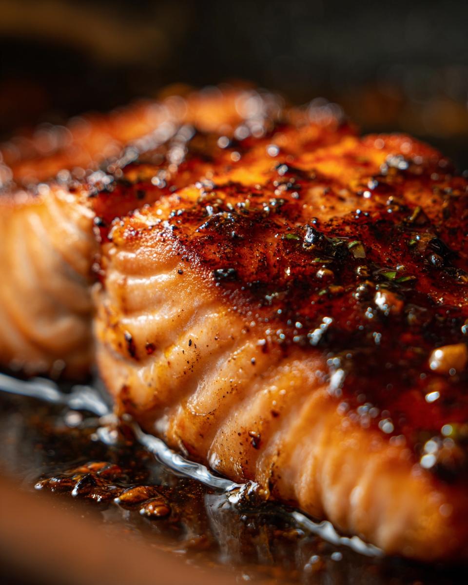 Close-up of a perfectly cooked garlic butter salmon fillet, glistening with sauce and herbs.