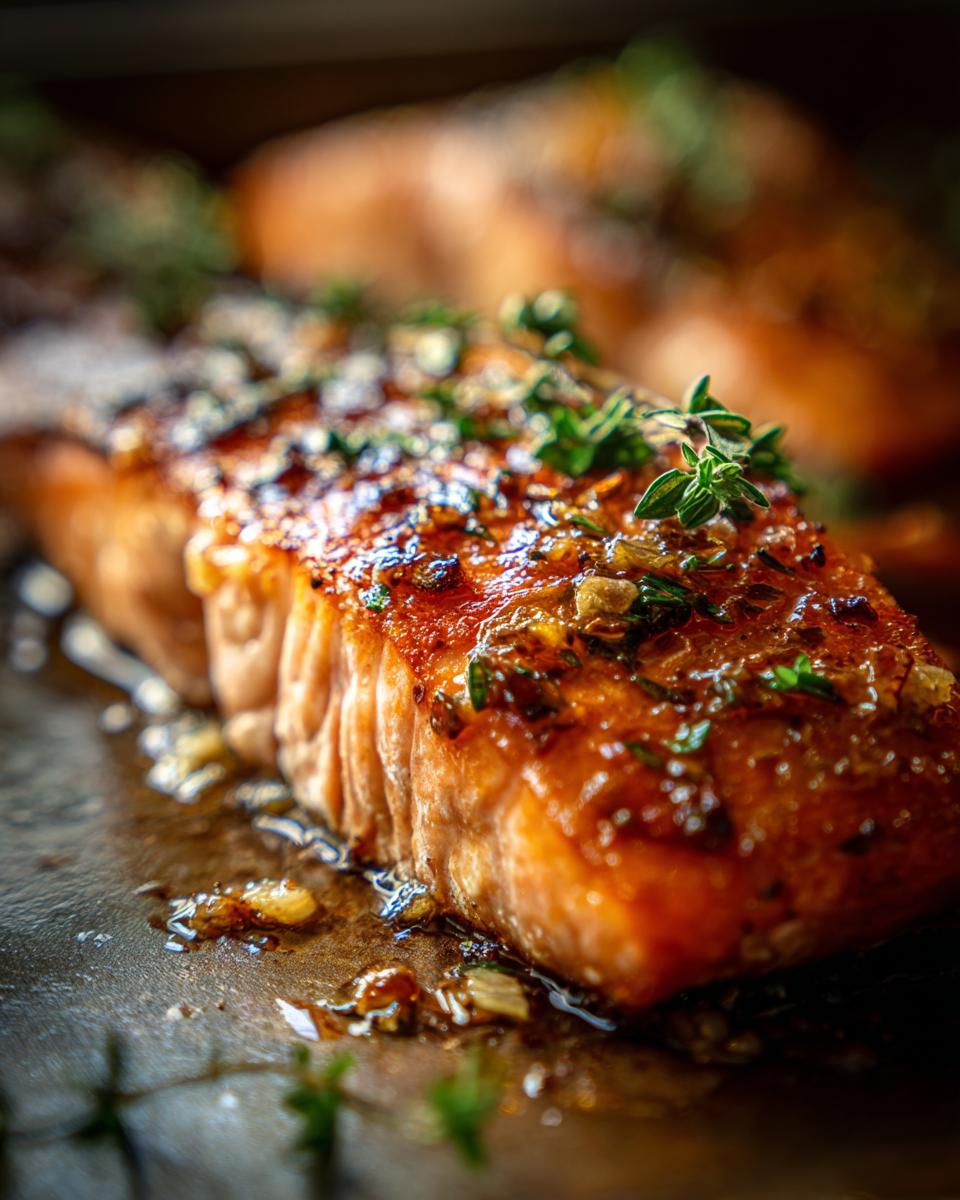 Close-up of a perfectly cooked fillet of garlic butter salmon, glistening with sauce and topped with fresh herbs.
