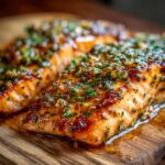 Close-up of perfectly cooked garlic butter salmon fillets, glistening with sauce and herbs on a wooden board.
