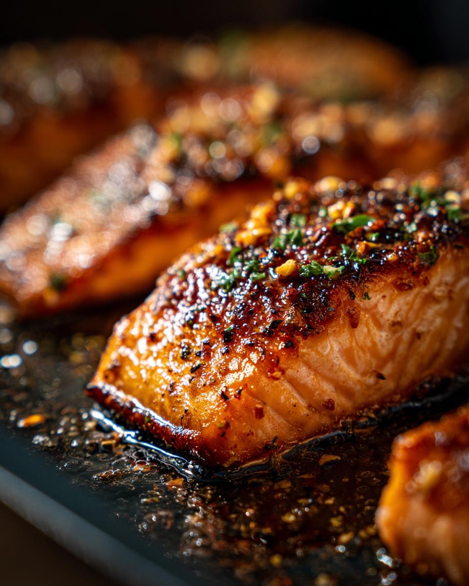 Close-up of perfectly cooked garlic butter salmon fillets, glistening and topped with herbs.