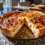 Een heerlijke quiche met spek, met een stuk eruit gesneden om de romige vulling te tonen.