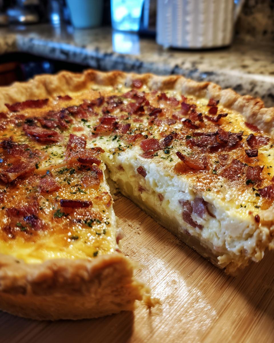 Een close-up van de Beste Quiche Ooit met een dikke laag spek en peterselie, met een stuk eruit.