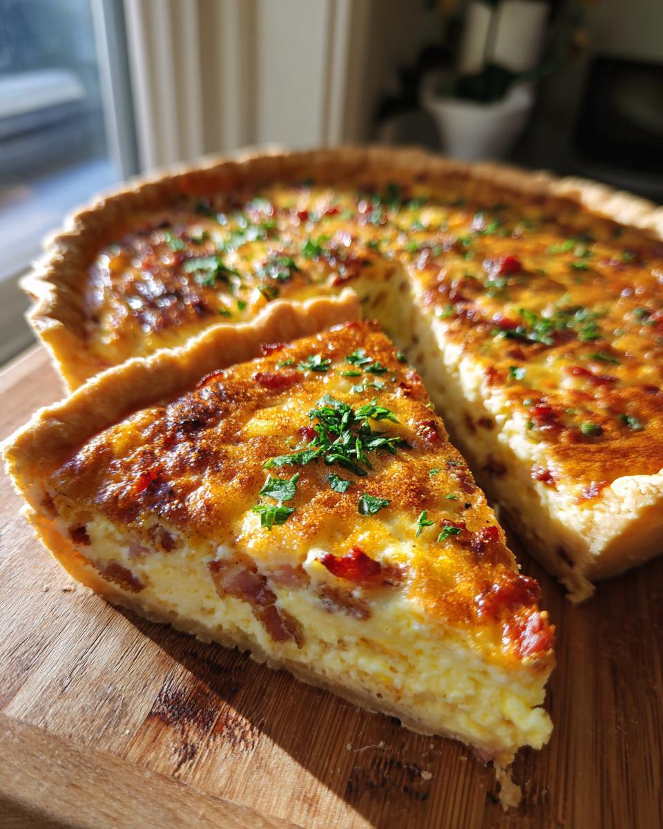 Een heerlijke plak van de Beste Quiche Recept Ooit, met spekjes en peterselie, op een houten plank.