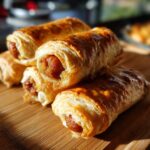 Close-up van bladerdeeg mini hotdogs op een houten plank, een heerlijk en eenvoudig aperitief.