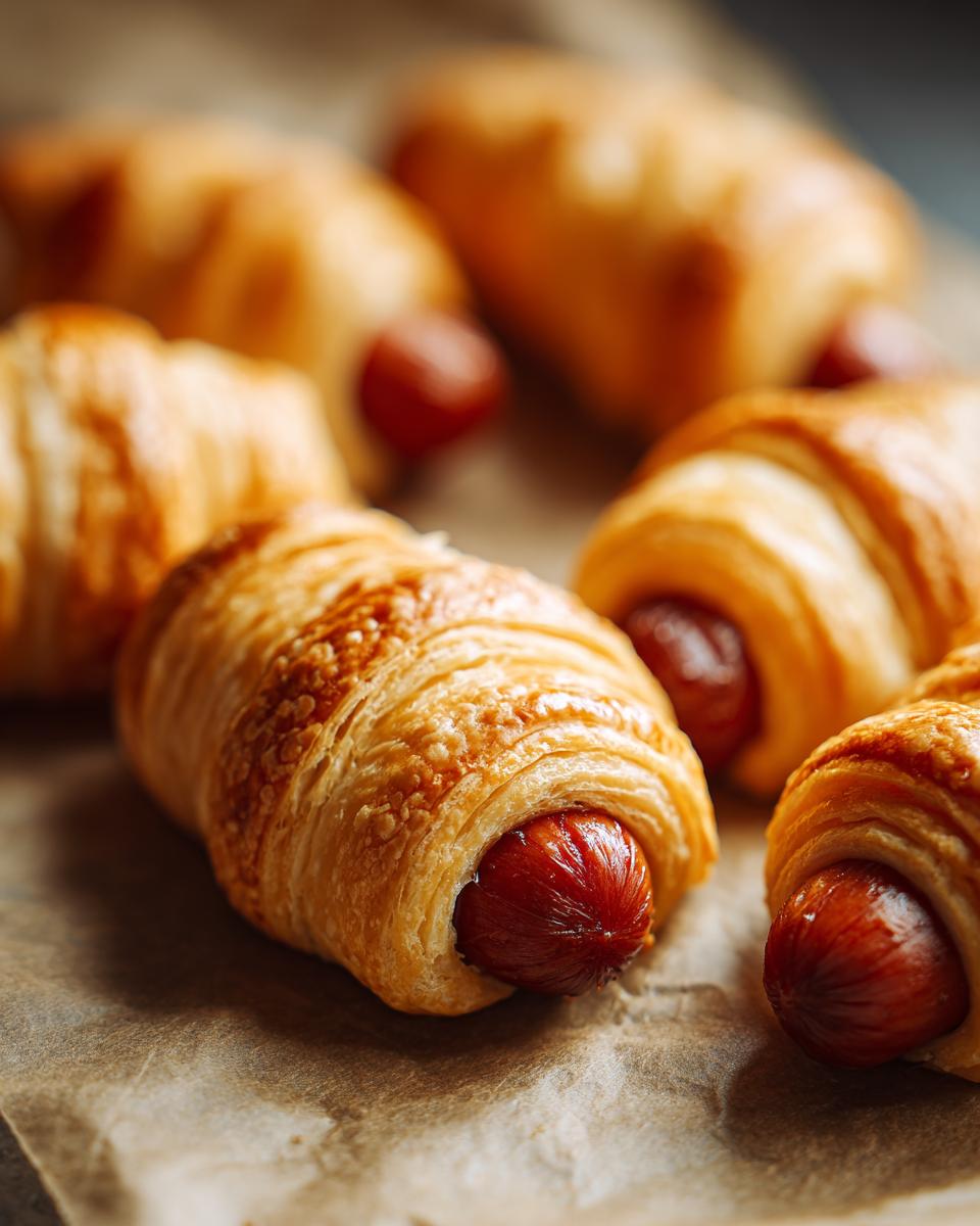 Close-up van bladerdeeg mini hotdogs, een simpel en lekker hapje, op bakpapier.