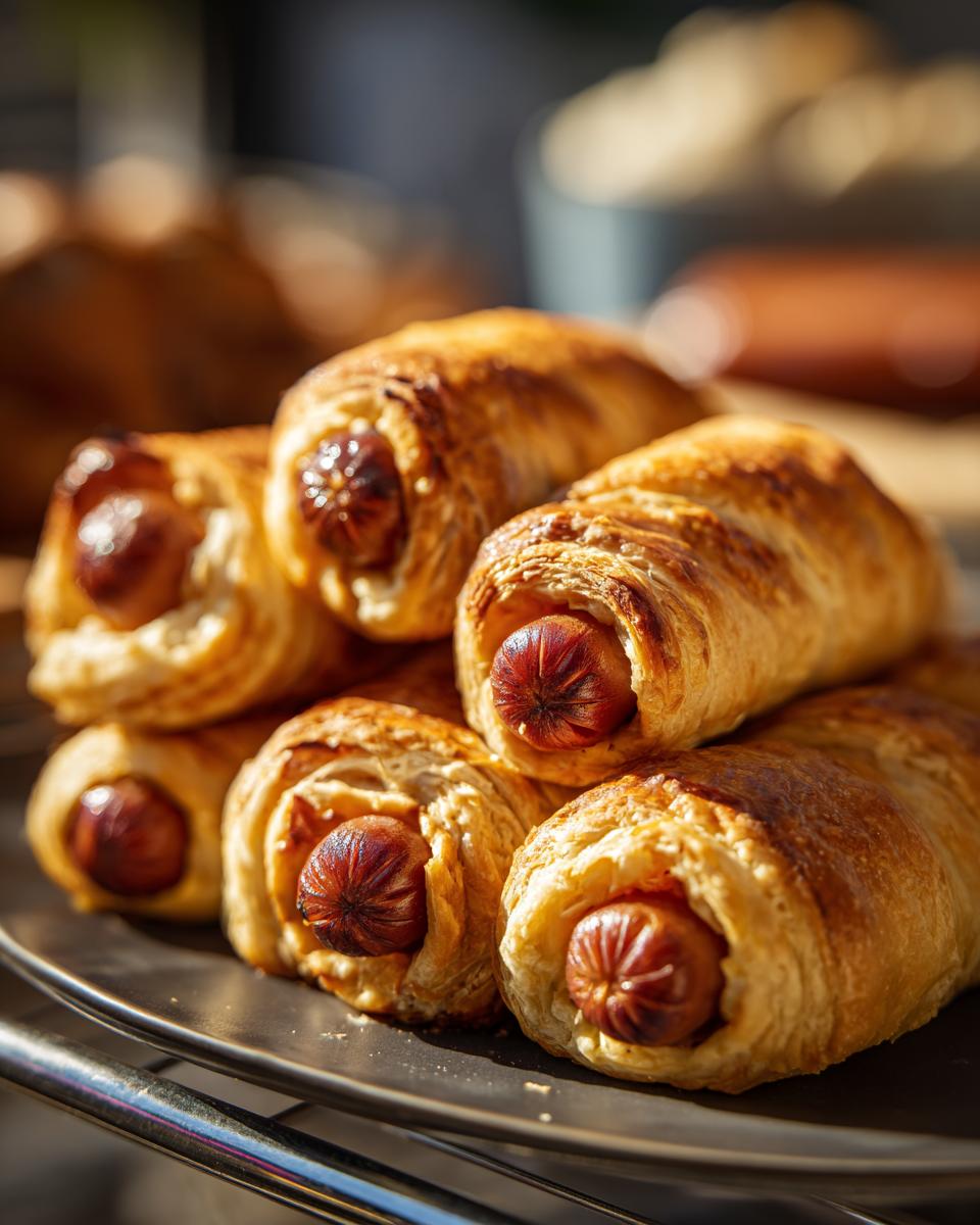 Goudbruine bladerdeeg mini hotdogs op een donkere schaal, perfect als eenvoudig en heerlijk hapje.