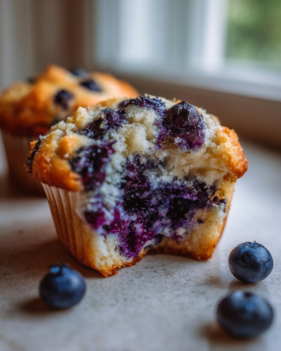 Close-up van een Blueberry Delight Treat met een hap eruit, vol sappige blauwe bessen.