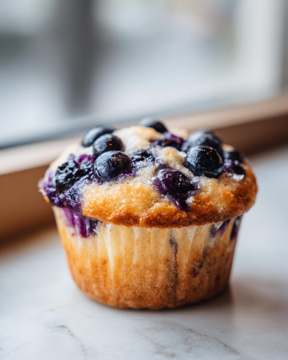 Close-up van een sappige Blueberry Delight Treats muffin, vol met blauwe bessen en een gouden korst.