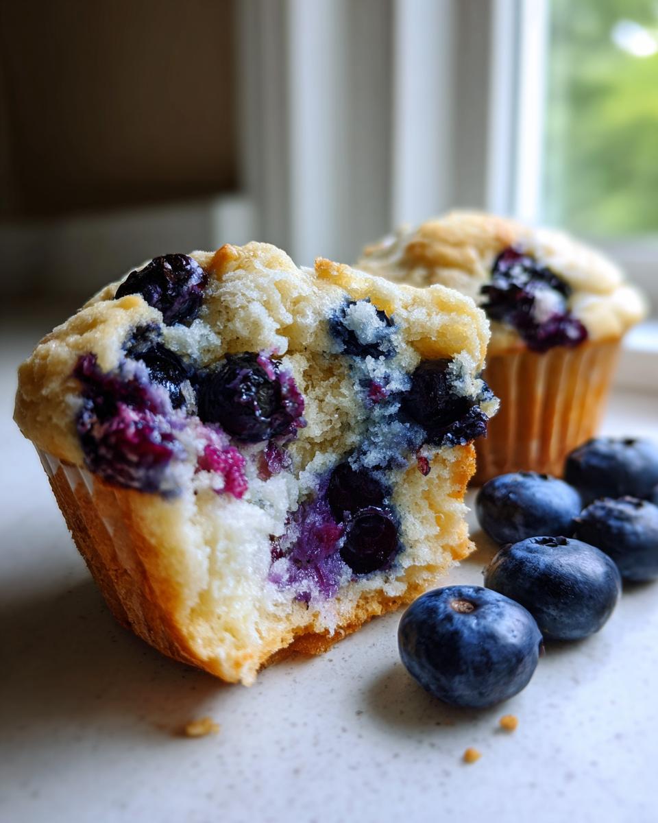 Close-up van een Blueberry Delight Treats muffin, doormidden gebroken, met verse blauwe bessen en een gouden korst.
