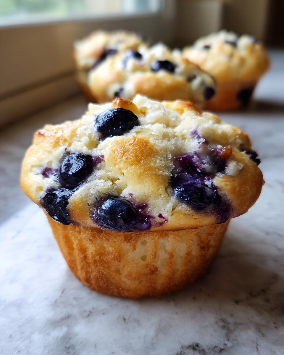 Close-up van een sappige Blueberry Delight Treat muffin met blauwe bessen en een gouden korst.