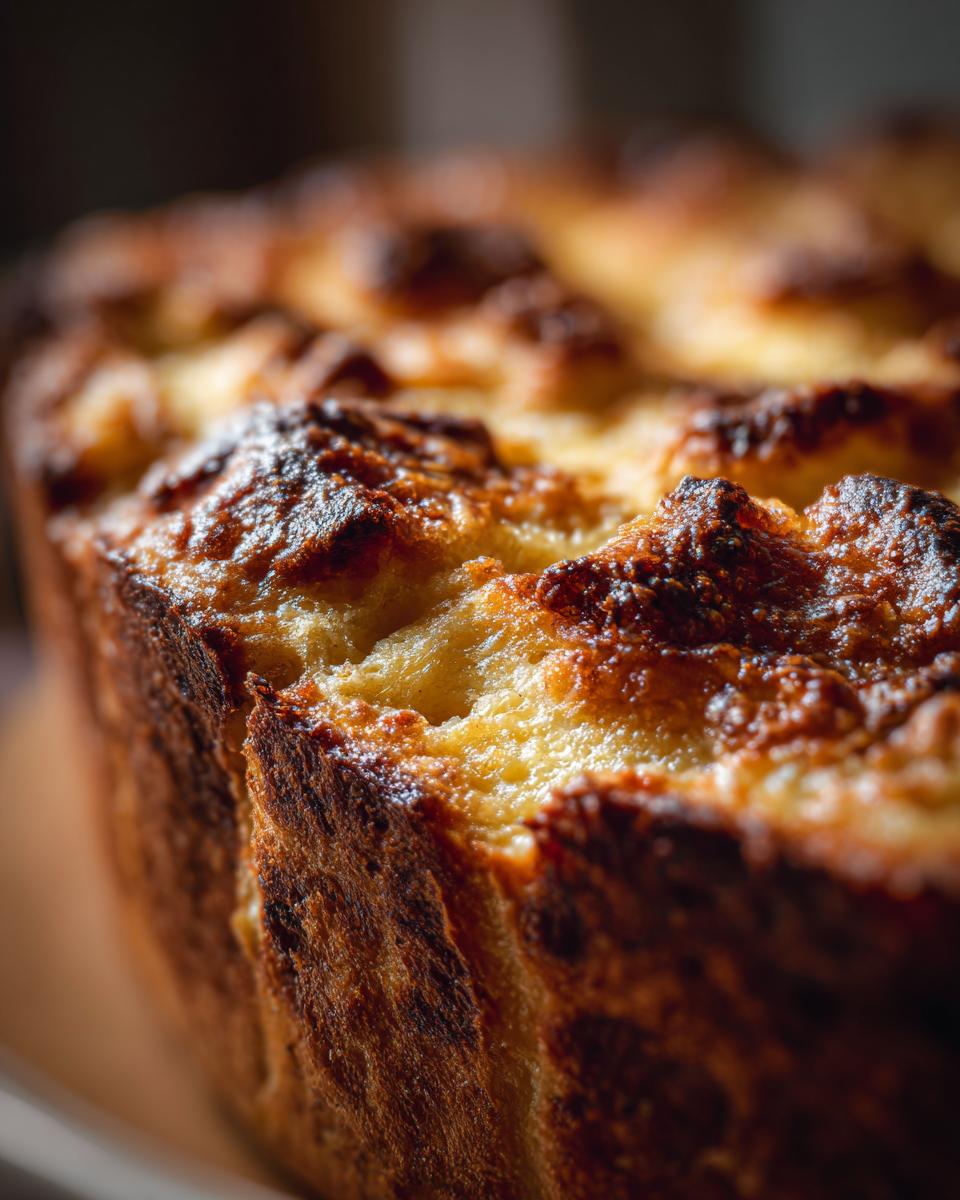 Close-up van een goudbruine, gebakken broodpudding met rozijnen, met een knapperige bovenkant.