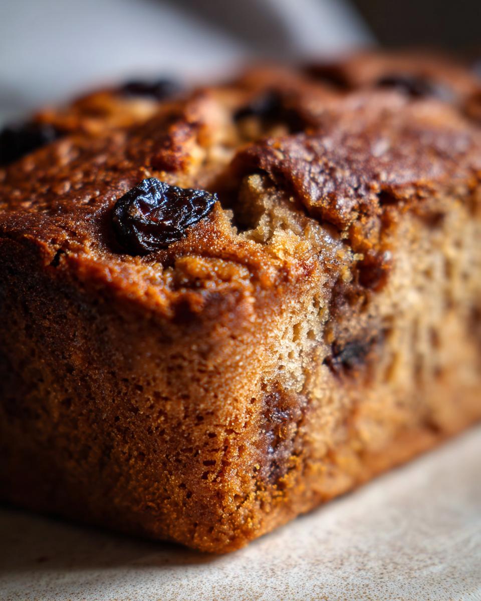 Close-up van een heerlijke broodpudding met rozijnen, met een goudbruine, knapperige korst.