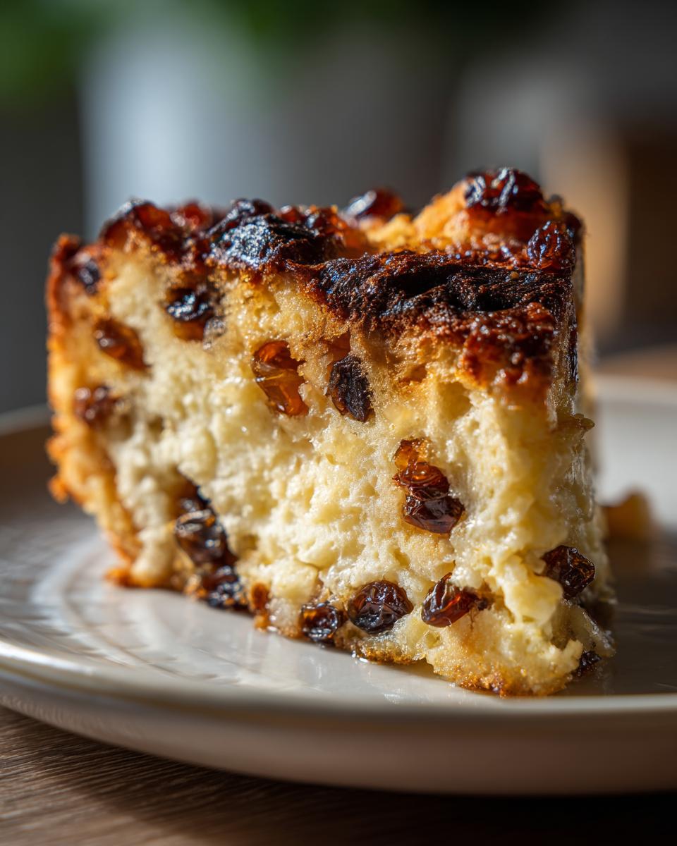Een close-up van een stuk broodpudding met rozijnen op een bord.