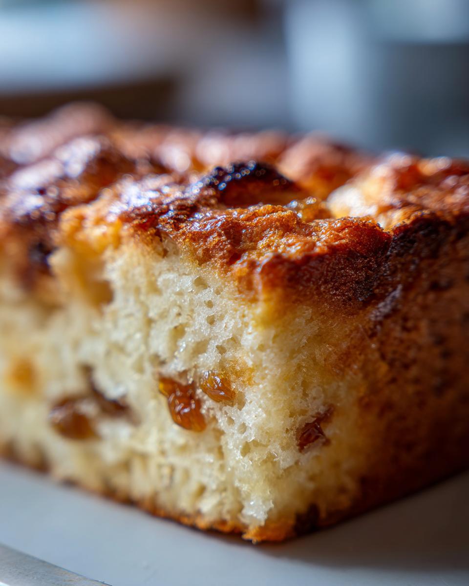 Close-up van een stuk broodpudding met rozijnen, met een goudbruine, knapperige bovenkant.