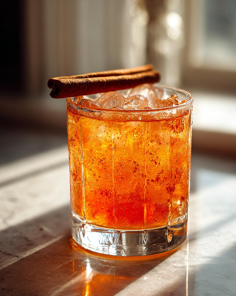 Een verfrissende Candy Apple Shot met ijs en een kaneelstokje, perfect voor de herfst.