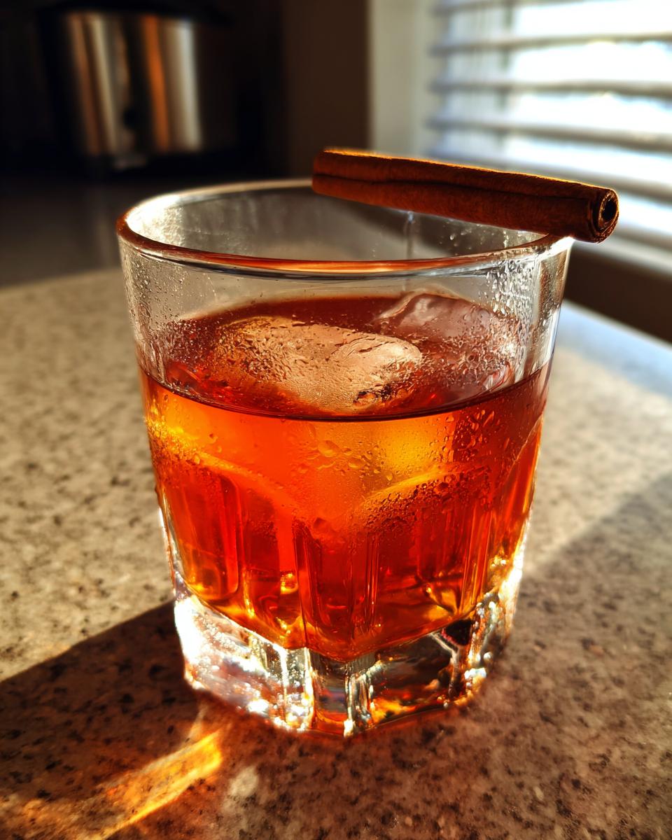 Een verfrissende Candy Apple Shot met ijs en een kaneelstokje als garnering.