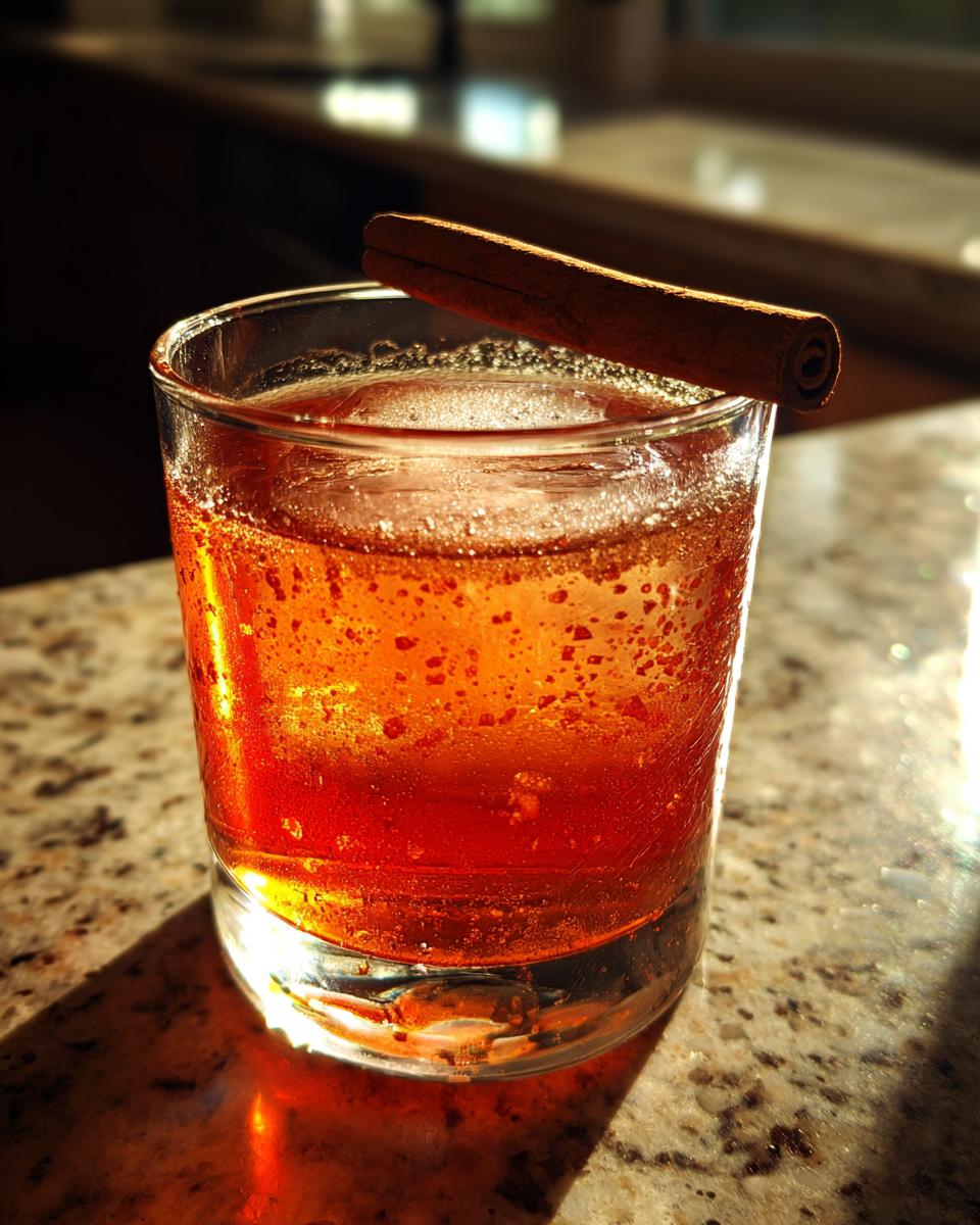 Een verfrissende Candy Apple Shot met ijs en een kaneelstokje, perfect voor een zonnige dag.