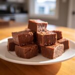Een stapel heerlijke stukken Caramel Fudge Delight op een witte schaal, klaar om van te genieten.