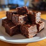 Een stapel heerlijke, zelfgemaakte Caramel Fudge Delight stukjes op een wit bord.