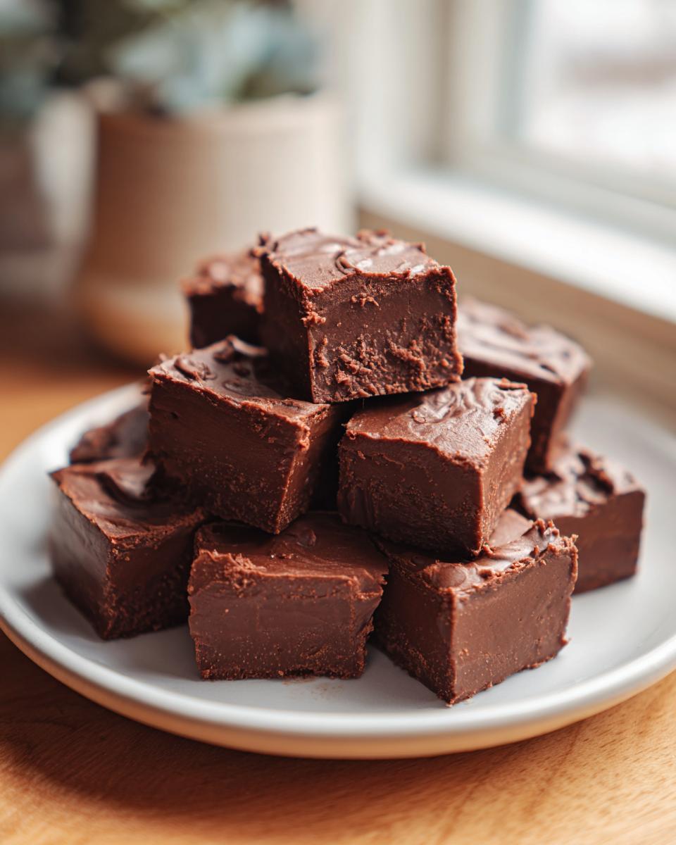 Een stapel blokjes Caramel Fudge Delight op een wit bord, klaar om van te genieten.