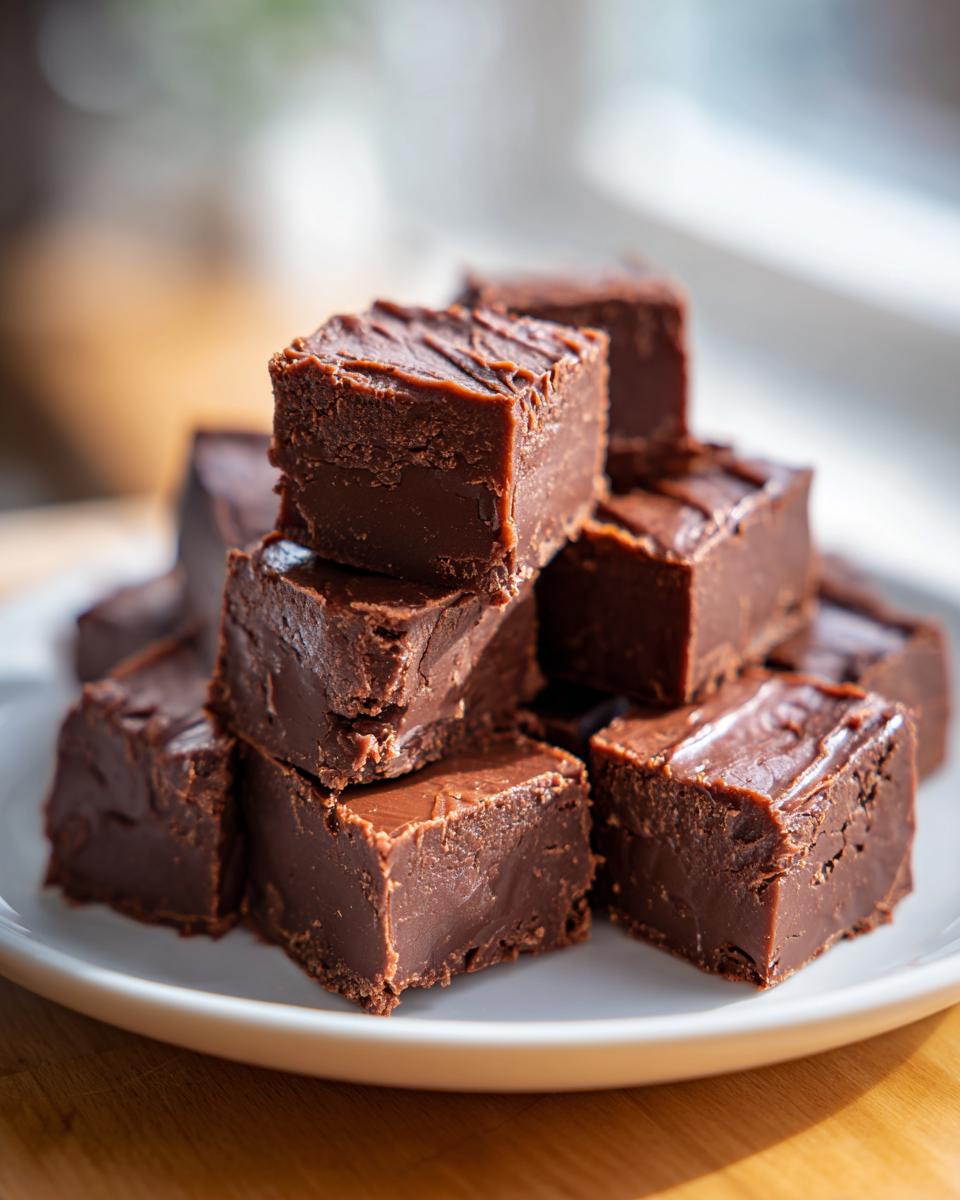 Stapel heerlijke, zelfgemaakte chocolade Caramel Fudge Delight blokjes op een wit bord.
