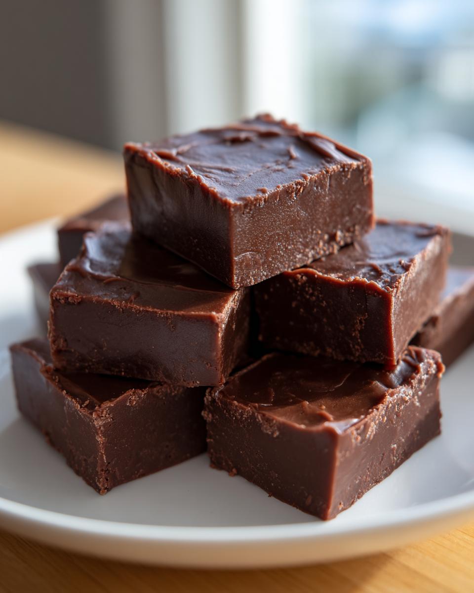 Stapel van chocolade Caramel Fudge Delight stukjes op een wit bord.