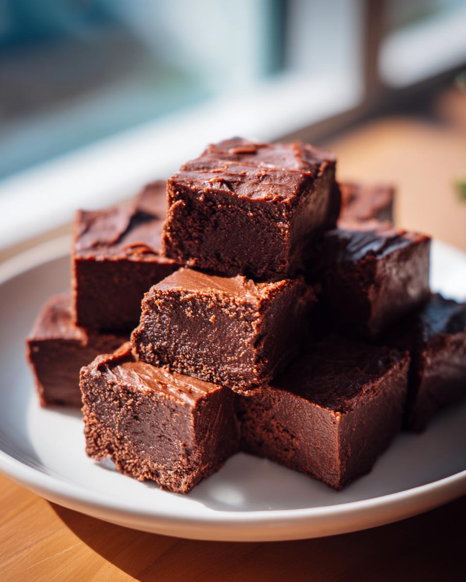 Stapel van rijke, donkere chocolade Caramel Fudge Delight stukjes op een wit bord.