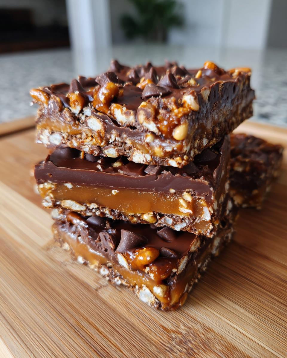 Stapel van drie Caramel Pretzel Crack Bars met chocolade en karamel, gegarneerd met chocolade chips en stukjes pretz.