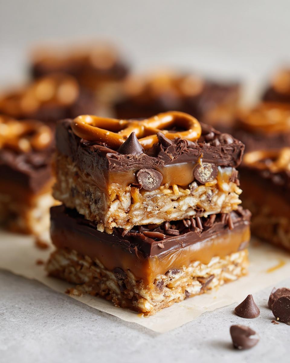 Stapel van heerlijke Caramel Pretzel Crack Bars met chocolade, karamel en pretzels.