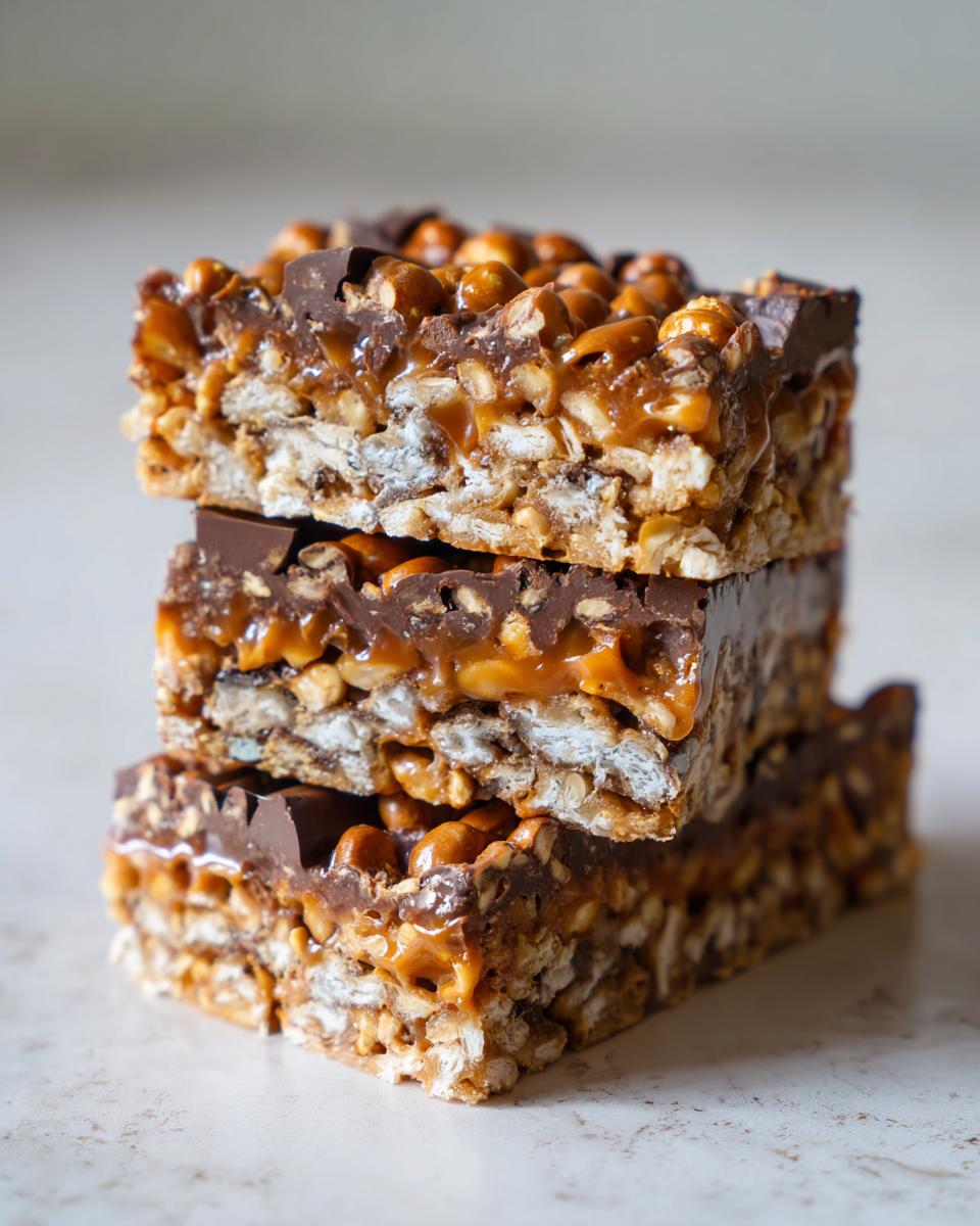 Een stapel van drie heerlijke Caramel Pretzel Crack Bars met een laag karamel, chocolade en noten.