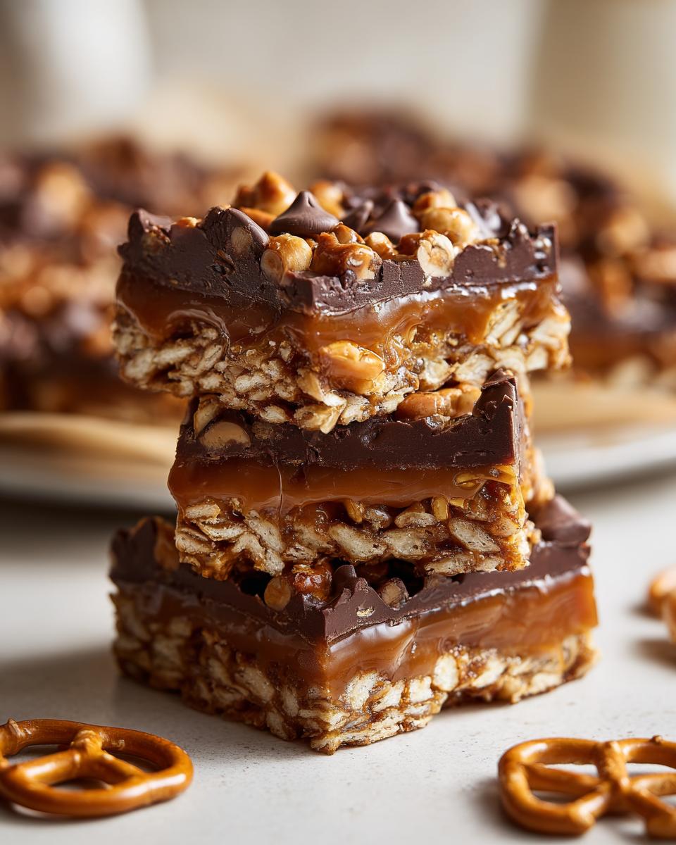 Gestapelde Caramel Pretzel Crack Bars met chocolade en noten, een heerlijke snack.