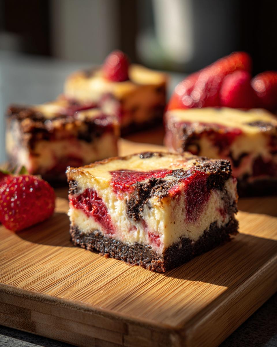 Close-up van een plak cheesecake bars trio met aardbeien en frambozen op een houten plank.