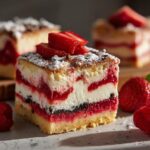 Close-up van een stuk cheesecake bars trio met lagen aardbei, oreo en framboos, gegarneerd met verse aardbeien.