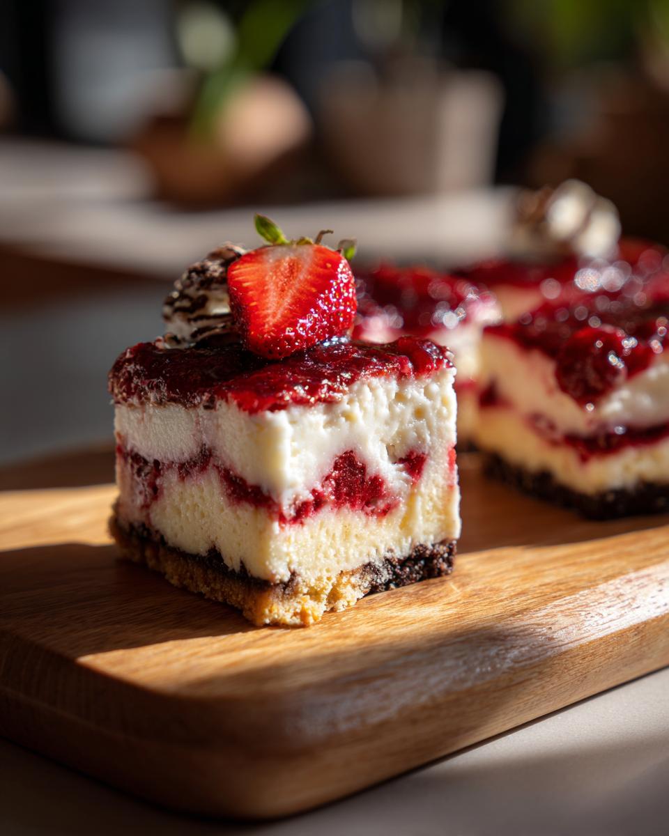 Een heerlijk stuk cheesecake bars trio met aardbei, Oreo en framboos, gegarneerd met een halve aardbei.