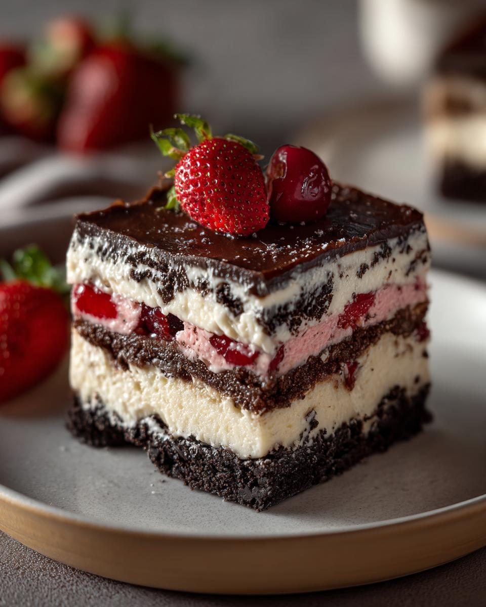 Een heerlijk stuk Cheesecake Bars Trio met lagen aardbei, Oreo en framboos, gegarneerd met verse aardbei en kers.